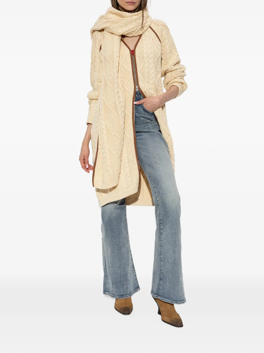 Diesel Kabelgebreide jas met leren afwerking Beige