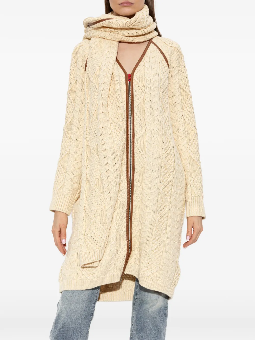 Diesel Kabelgebreide jas met leren afwerking Beige