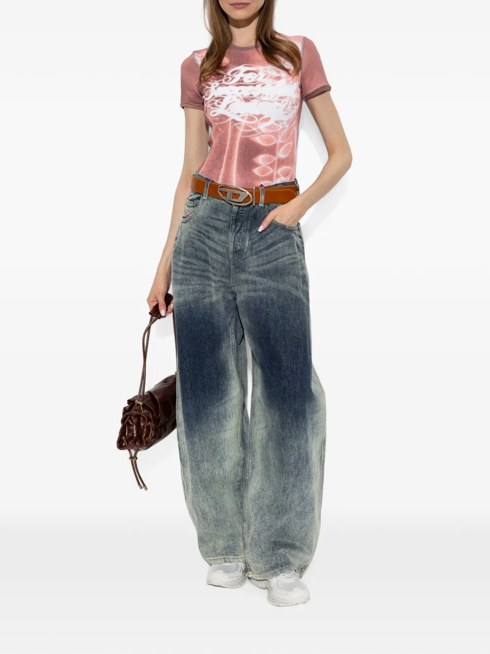 Diesel Ribgebreid T-shirt met grafische print Roze