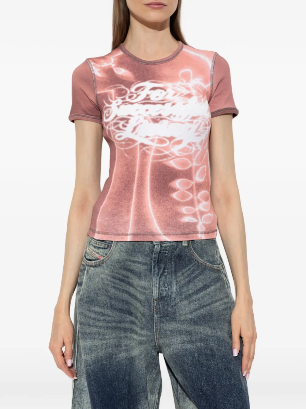 Diesel Ribgebreid T-shirt met grafische print Roze