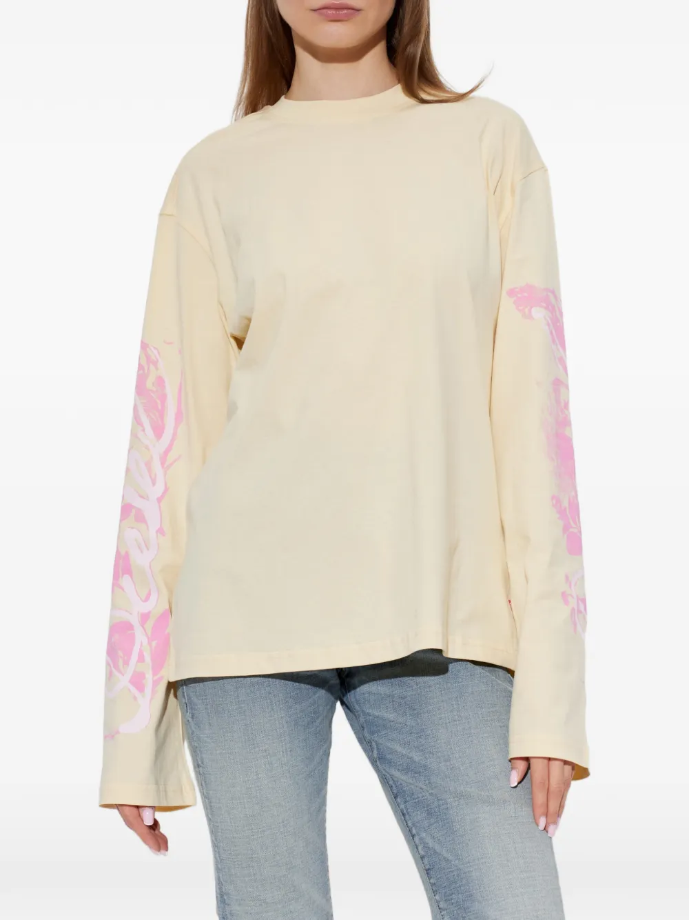 Diesel T-shirt met lange mouwen en grafische print en kristallen Beige