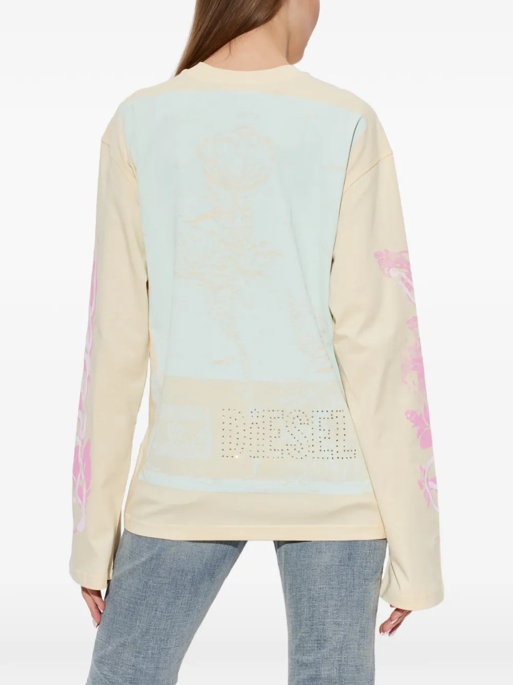 Diesel T-shirt met lange mouwen en grafische print en kristallen Beige