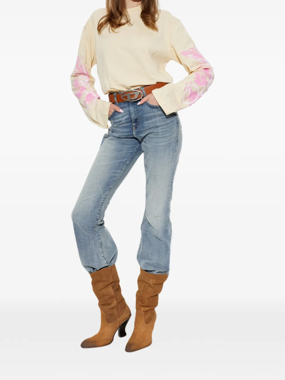 Diesel T-shirt met lange mouwen en grafische print en kristallen Beige