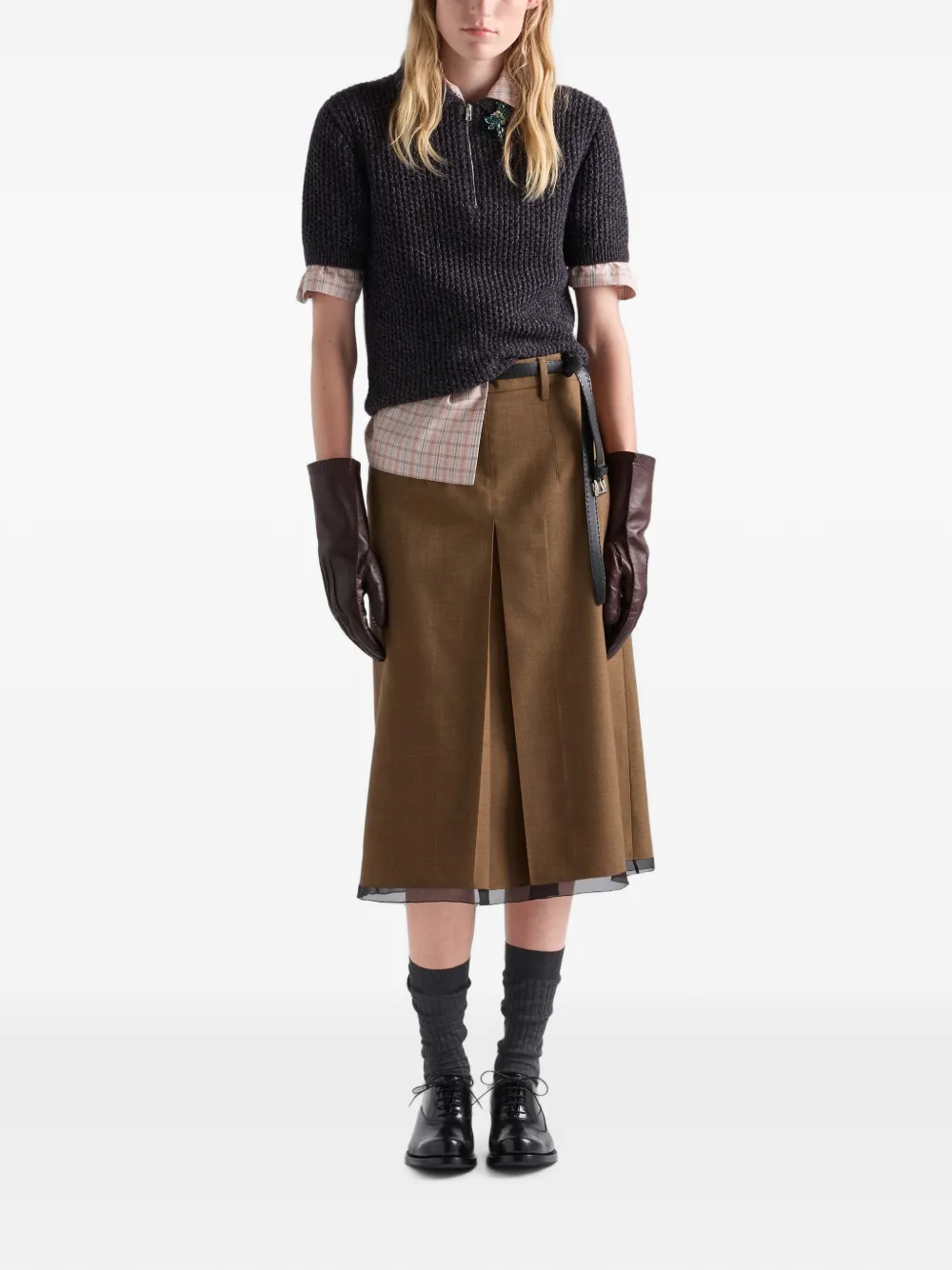 Prada Wollen en mouliné kasjmier polotrui met korte mouwen Bruin