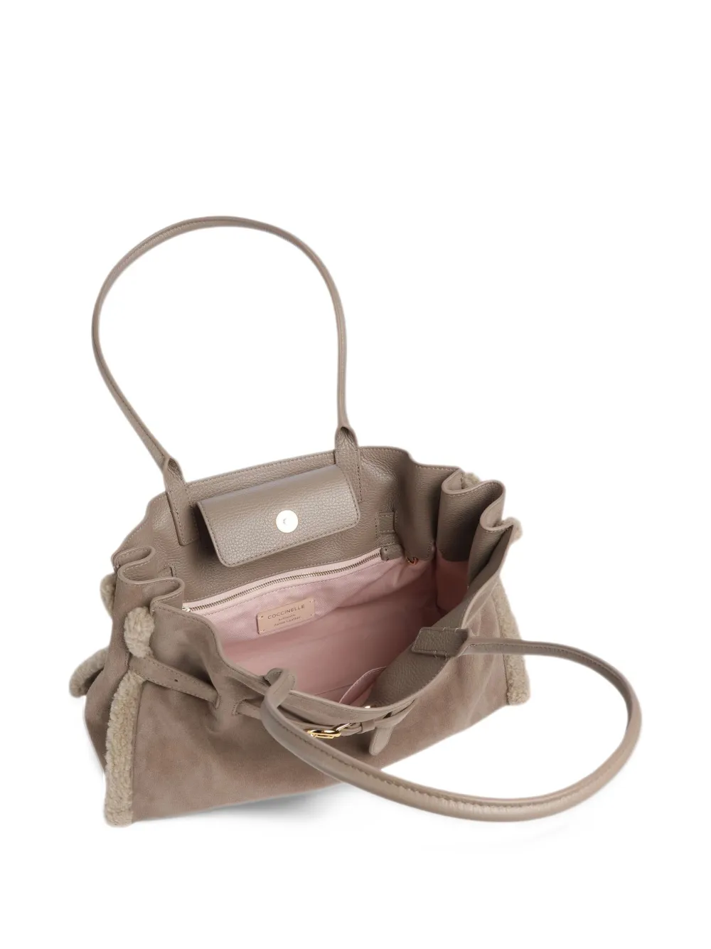 Coccinelle Sabine schoudertas met lammy afwerking en gesp Beige