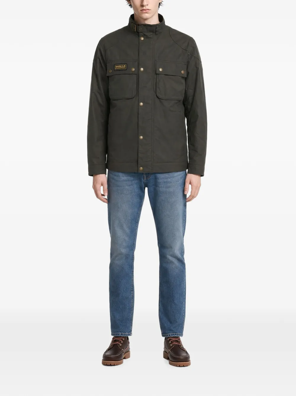 Barbour International Merton jack met gespkraag en gewaxte katoenen Groen