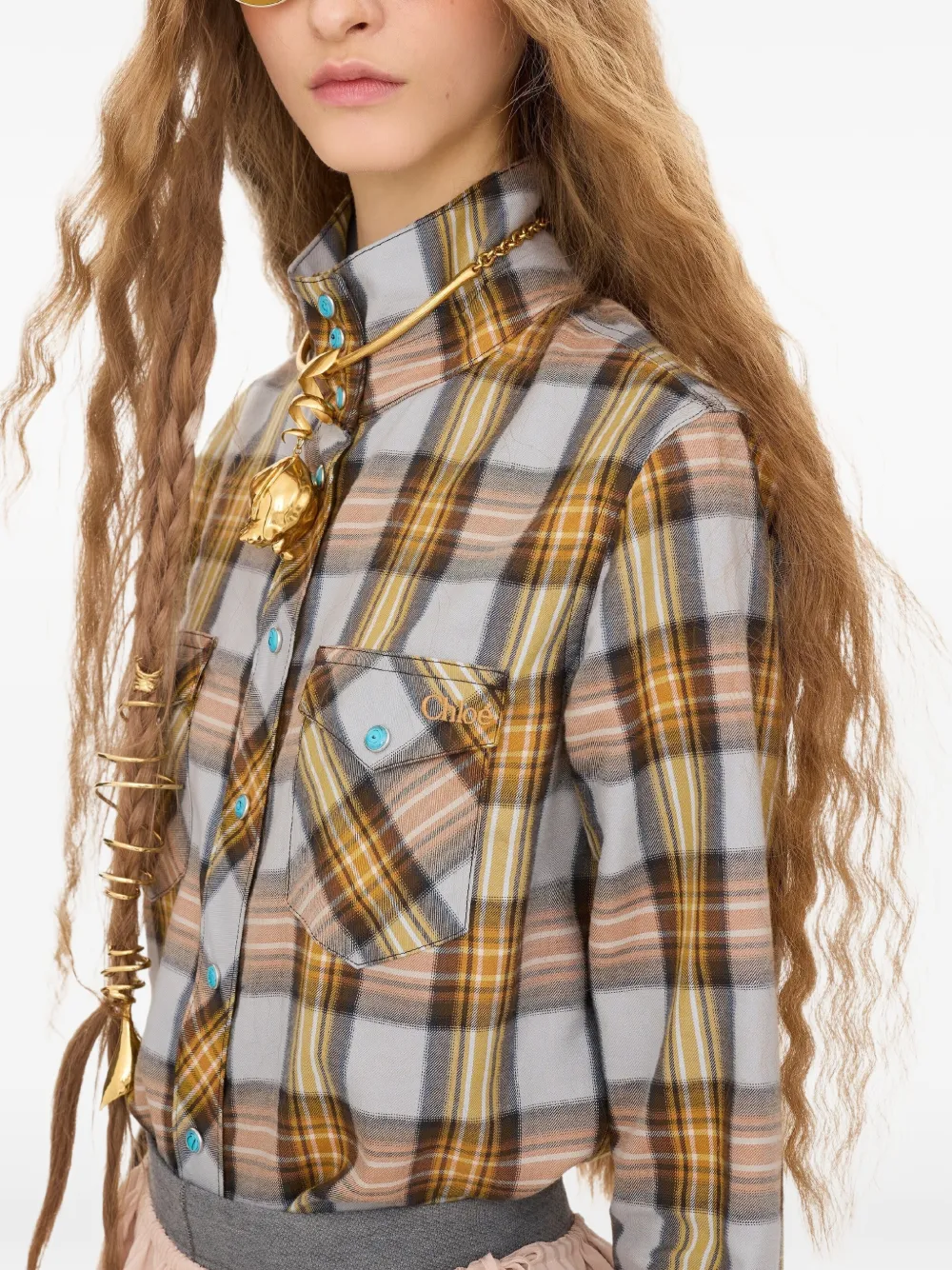 Chloé Geruite blouse met hoge hals Grijs