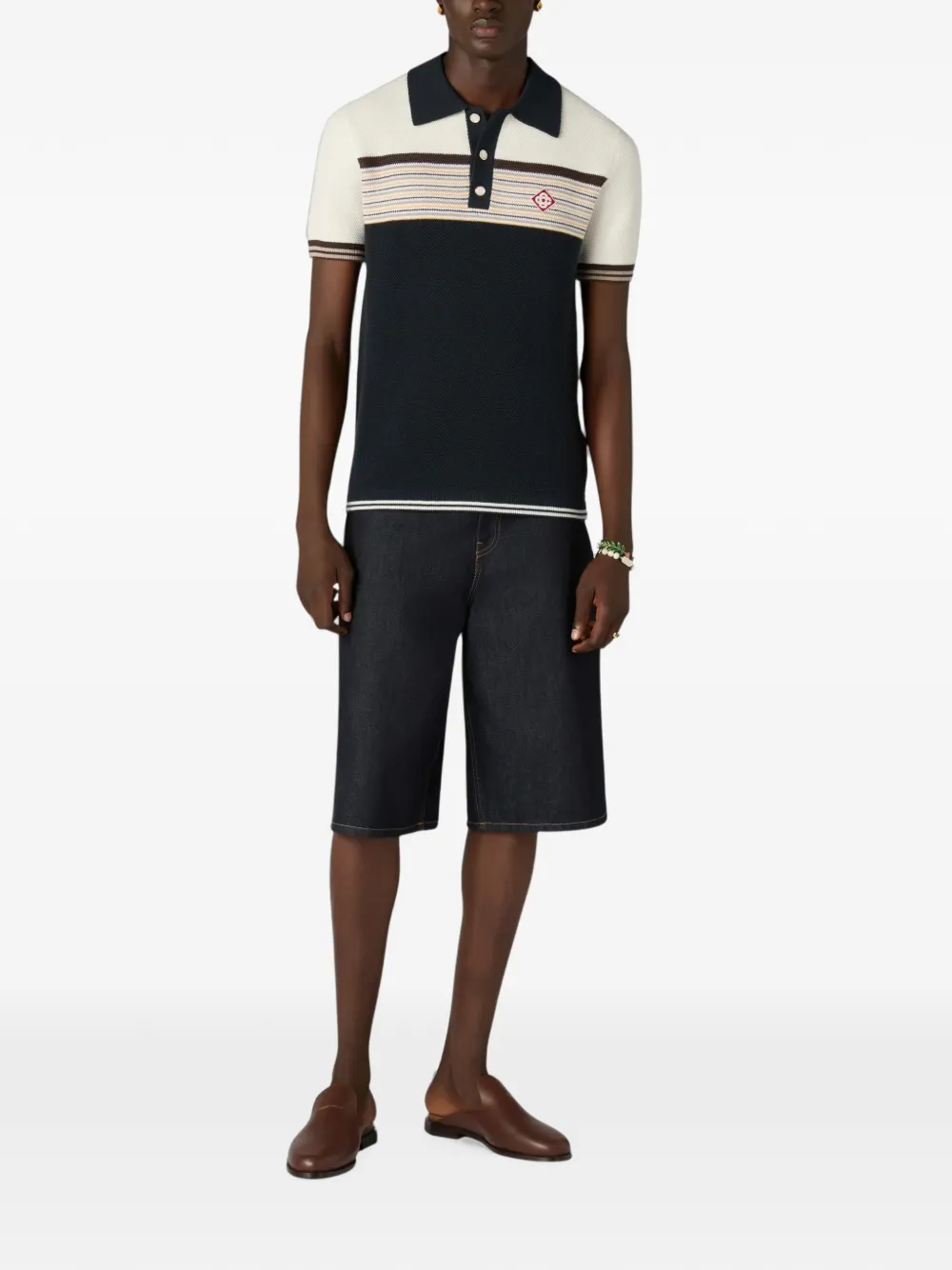Casablanca Café Culture striped logo-patch polo shirt Blauw