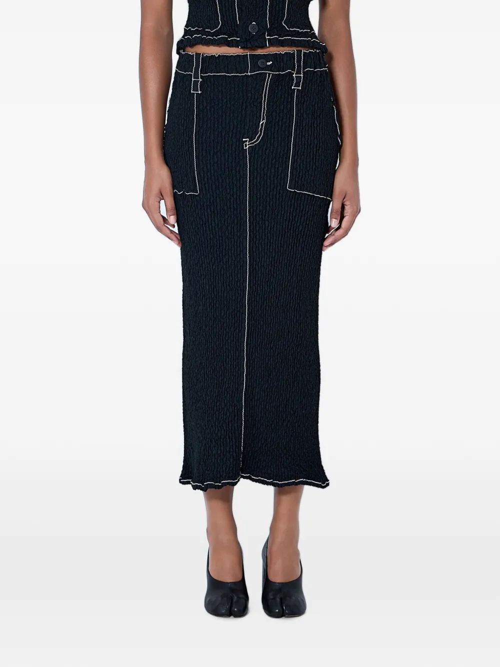 Issey Miyake midi Wavelet contrast-stitching elasticated-waistband skirt - Schwarz