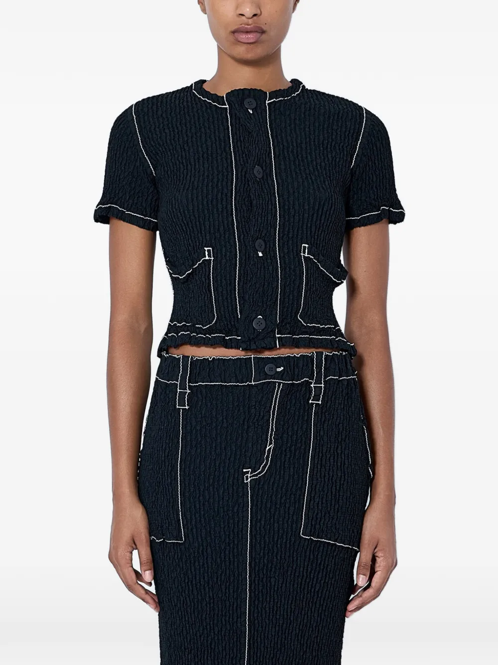 Issey Miyake Wavelet crinkle-textured contrast-stitch top - Schwarz