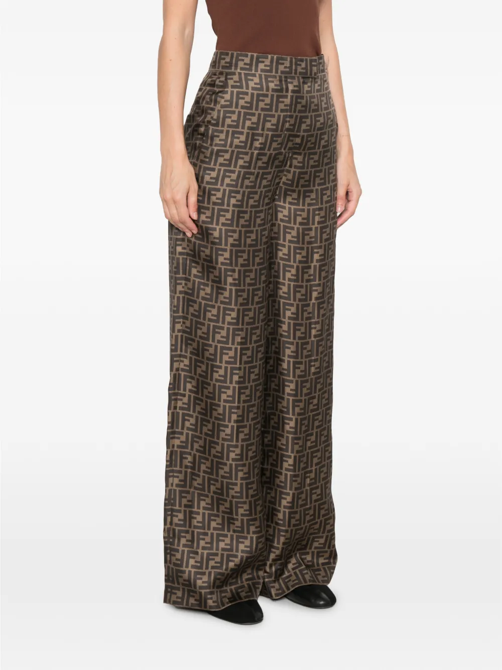 FENDI FF palazzobroek met logo-print Bruin