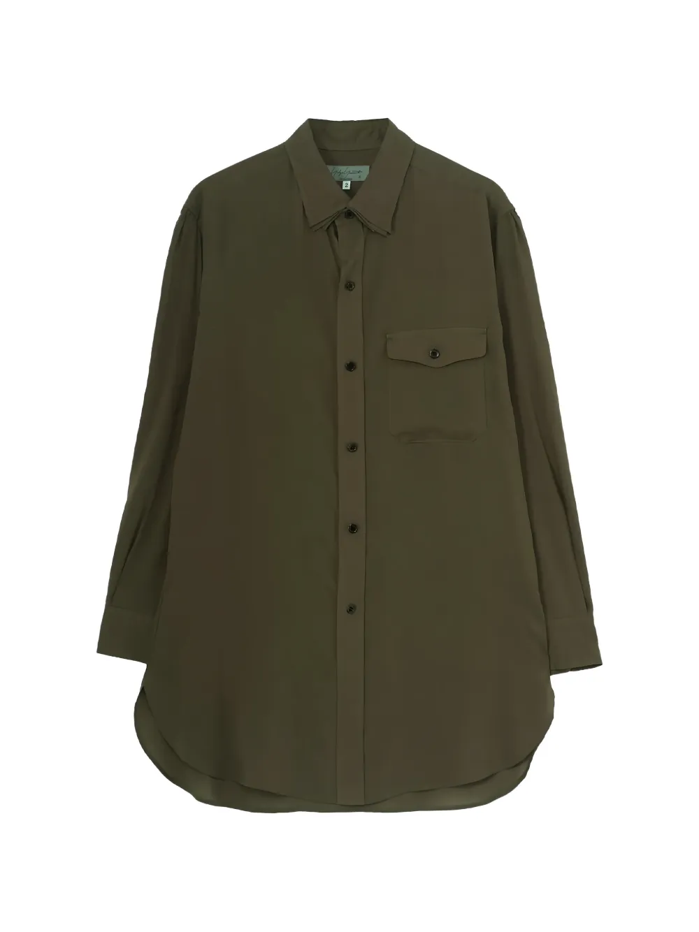 Yohji Yamamoto Lawn triple collar curved-hem long-sleeve shirt - Vert Yohji Yamamoto Lawn triple collar curved-hem long-sleeve shirt - Vert