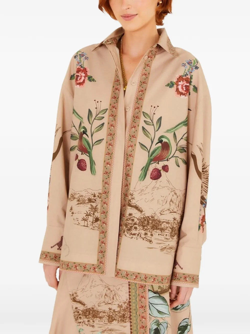 FARM Rio Bird Poetry graphic-print button-down shirt