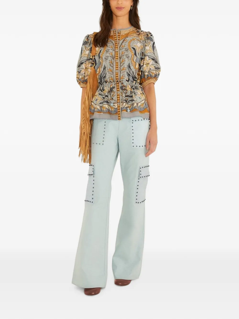 FARM Rio Stained Glass floral-print puff-sleeve blouse Blauw