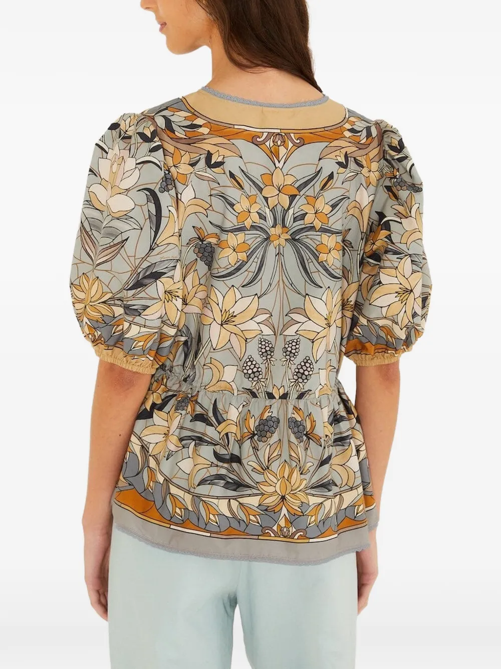 FARM Rio Stained Glass floral-print puff-sleeve blouse Blauw