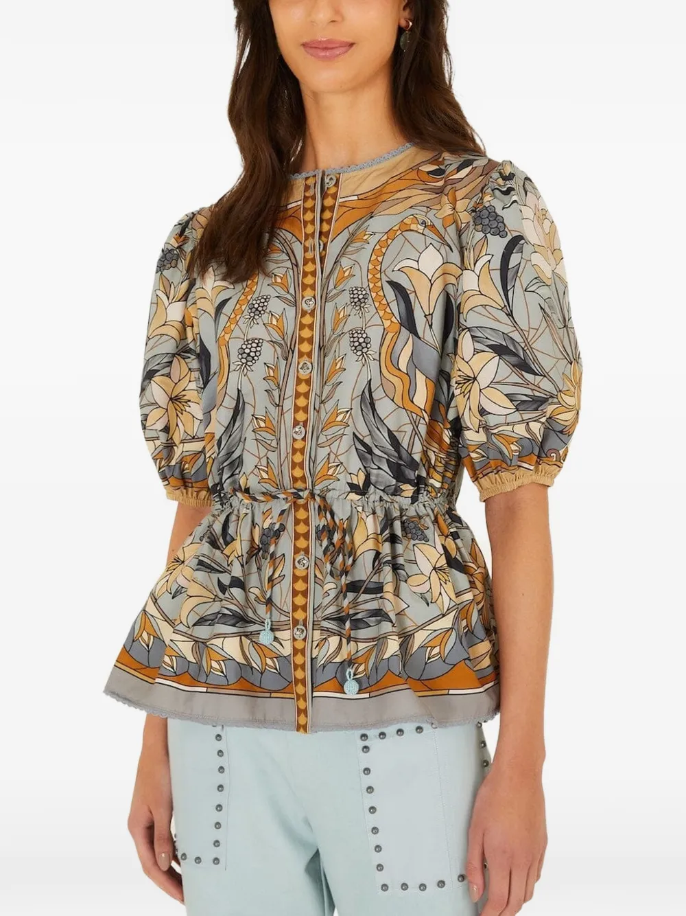 FARM Rio Stained Glass floral-print puff-sleeve blouse