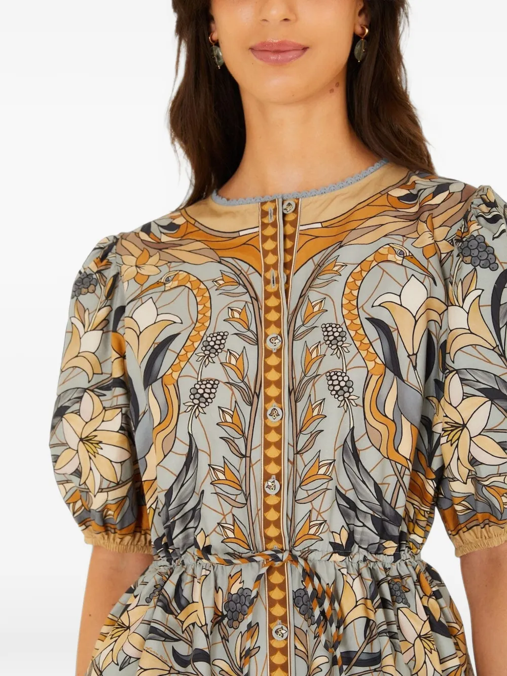 FARM Rio Stained Glass floral-print puff-sleeve blouse Blauw