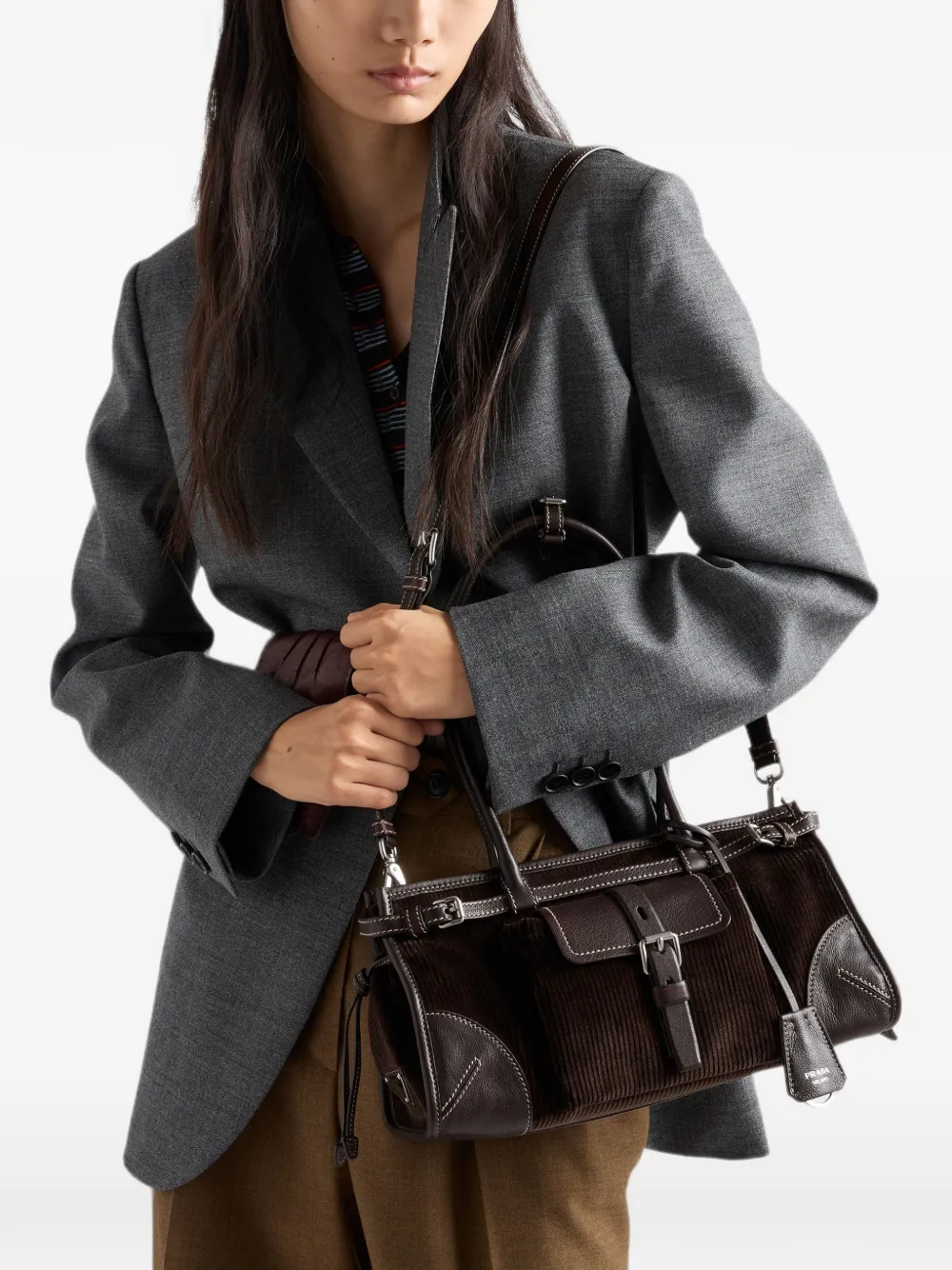 Prada Medium Bonnie ribfluwelen en leren handtas Bruin
