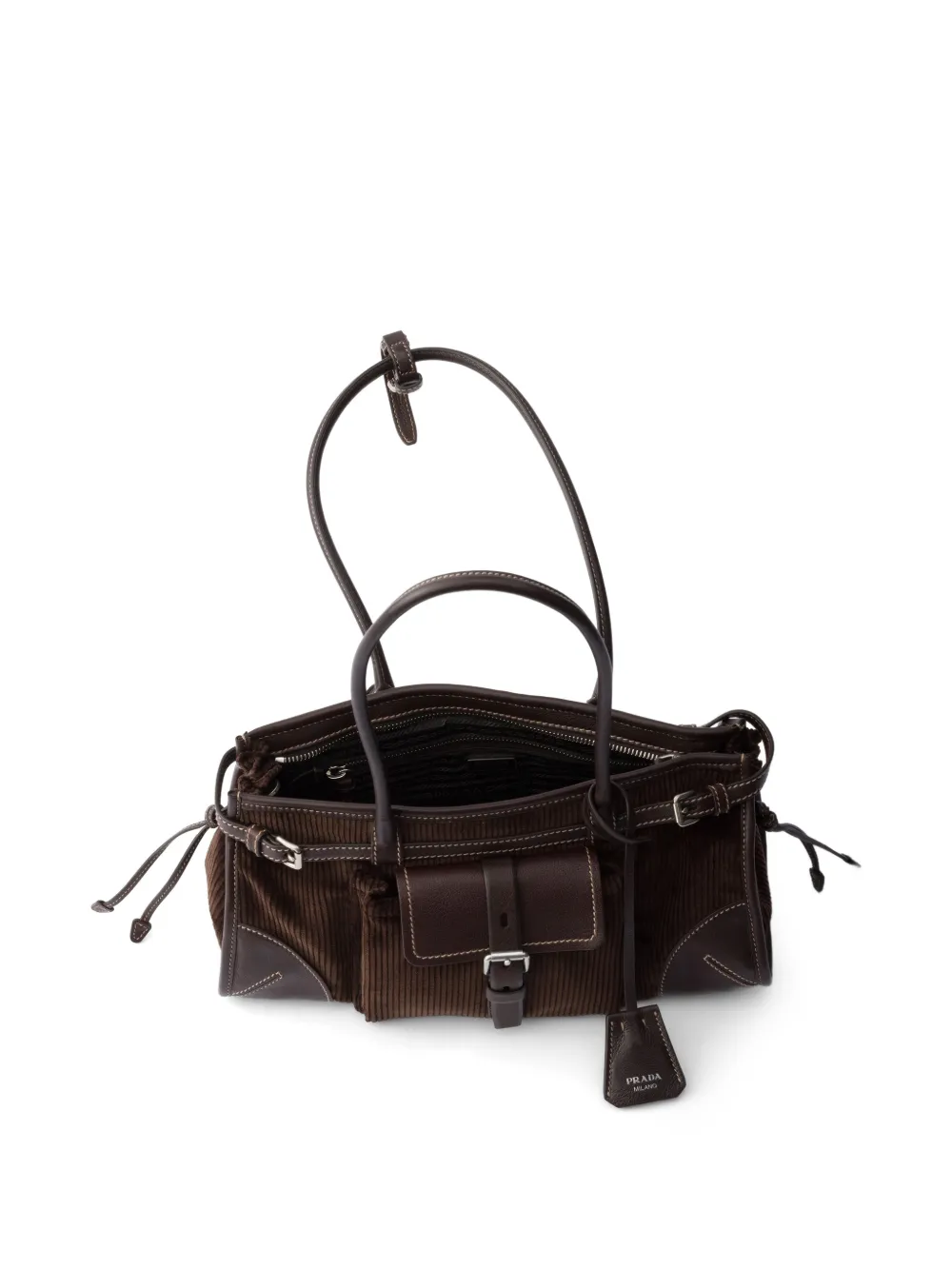Prada Medium Bonnie ribfluwelen en leren handtas Bruin
