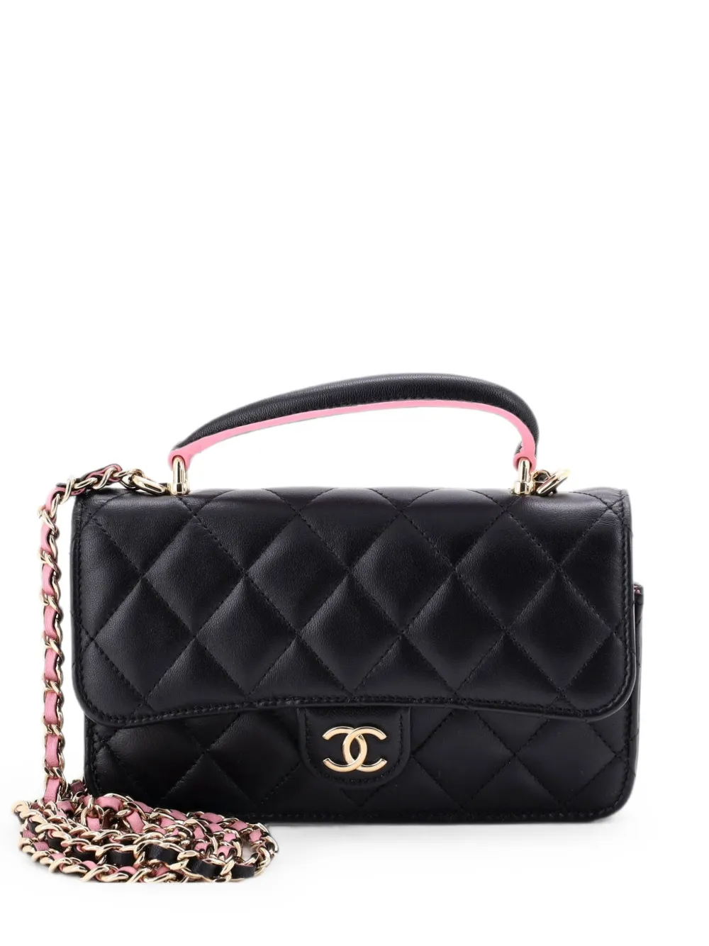 CHANEL Pre-Owned Classic Top Handle Flap Phone Holder with Chain Quilted Lambskin crossbody bag - Nero