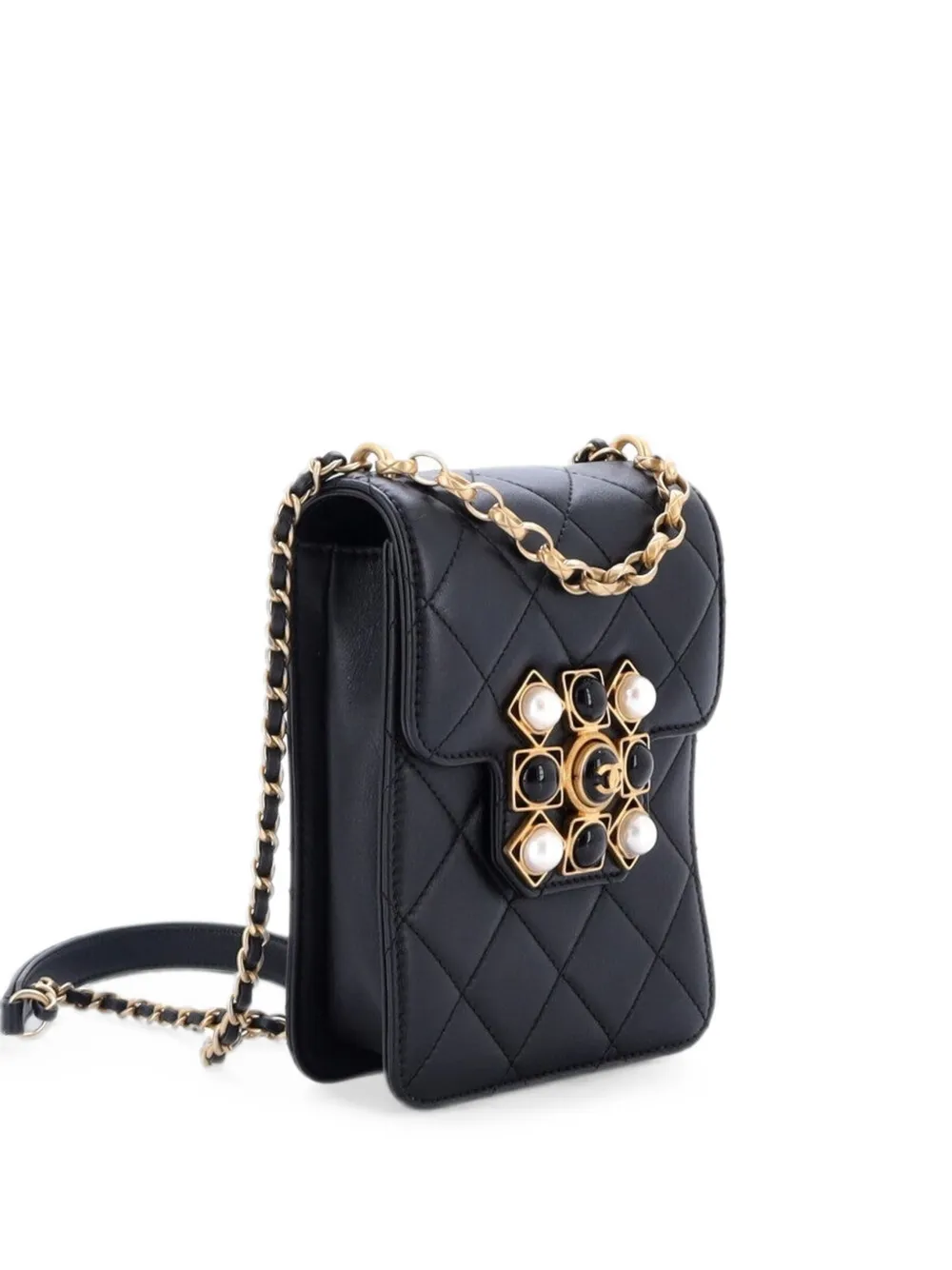 CHANEL Pre-Owned Resin and Pearl CC Flap Bag Quilted Calfskin North South shoulder bag - Nero