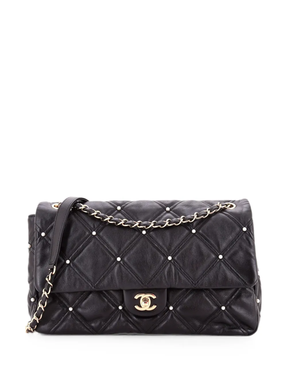 CHANEL Pre-Owned CC Flap Bag Pearl Studded Quilted Lambskin Medium shoulder bag - Schwarz