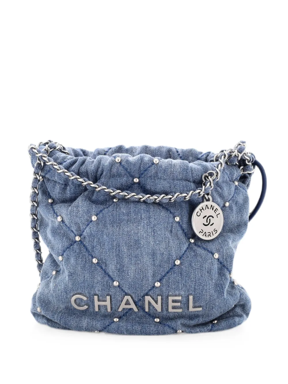 CHANEL Pre-Owned 22 Chain Quilted Studded Denim Mini hobo bag - Blu