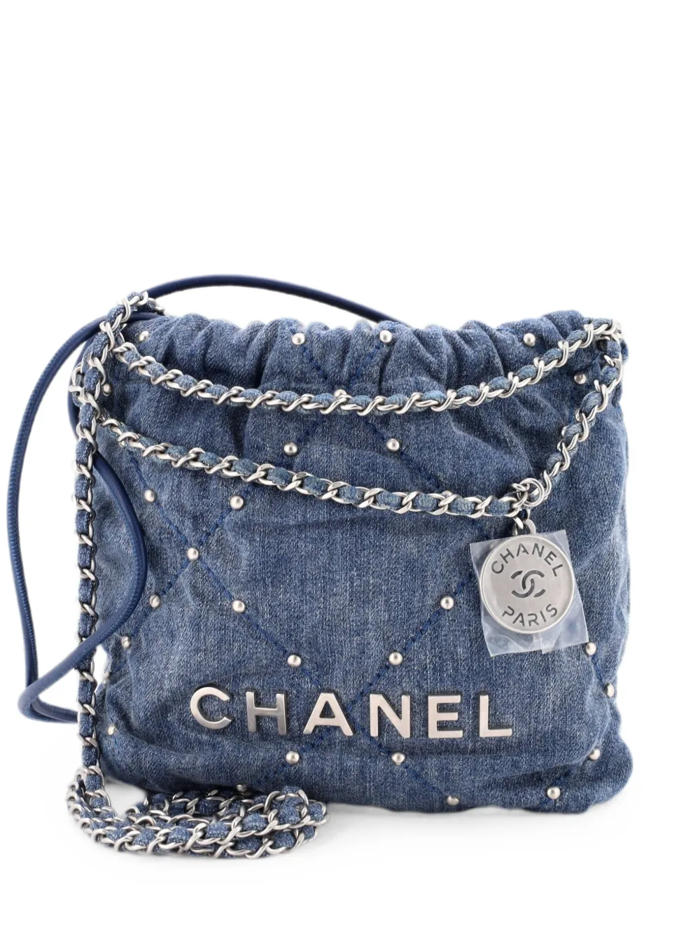 CHANEL Pre-Owned 22 Chain Quilted Studded Denim Mini hobo bag - Blau