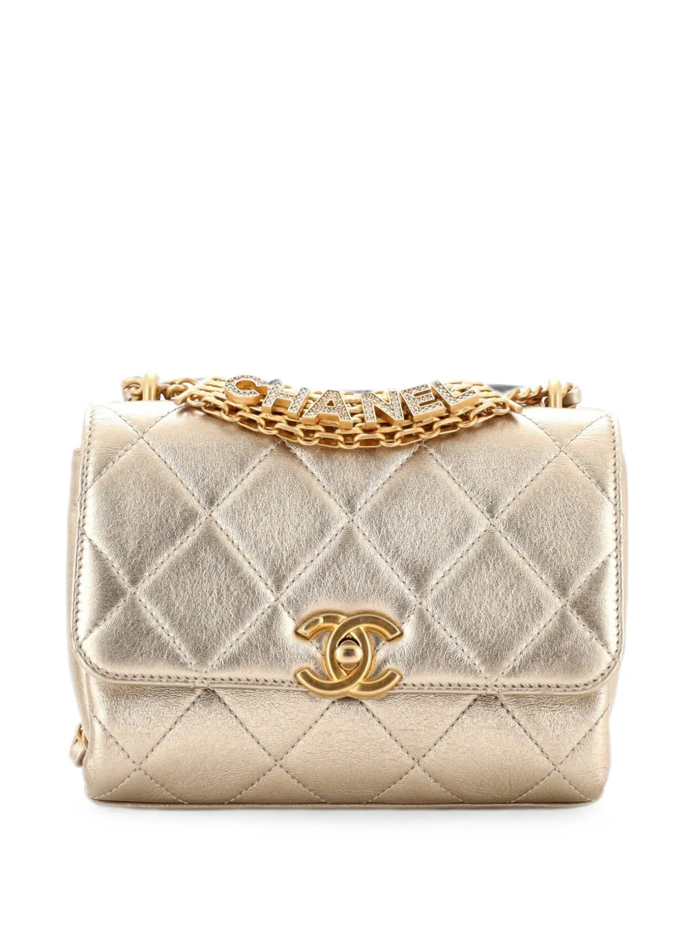 CHANEL Pre-Owned Crystal Logo Letters Chain Handle Flap Bag Quilted Lambskin Mini shoulder bag - Gold