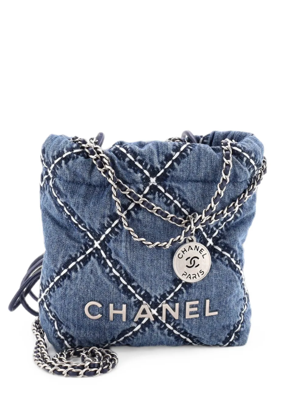 CHANEL Pre-Owned 22 Chain Quilted Stitched Denim Mini hobo bag - Blau