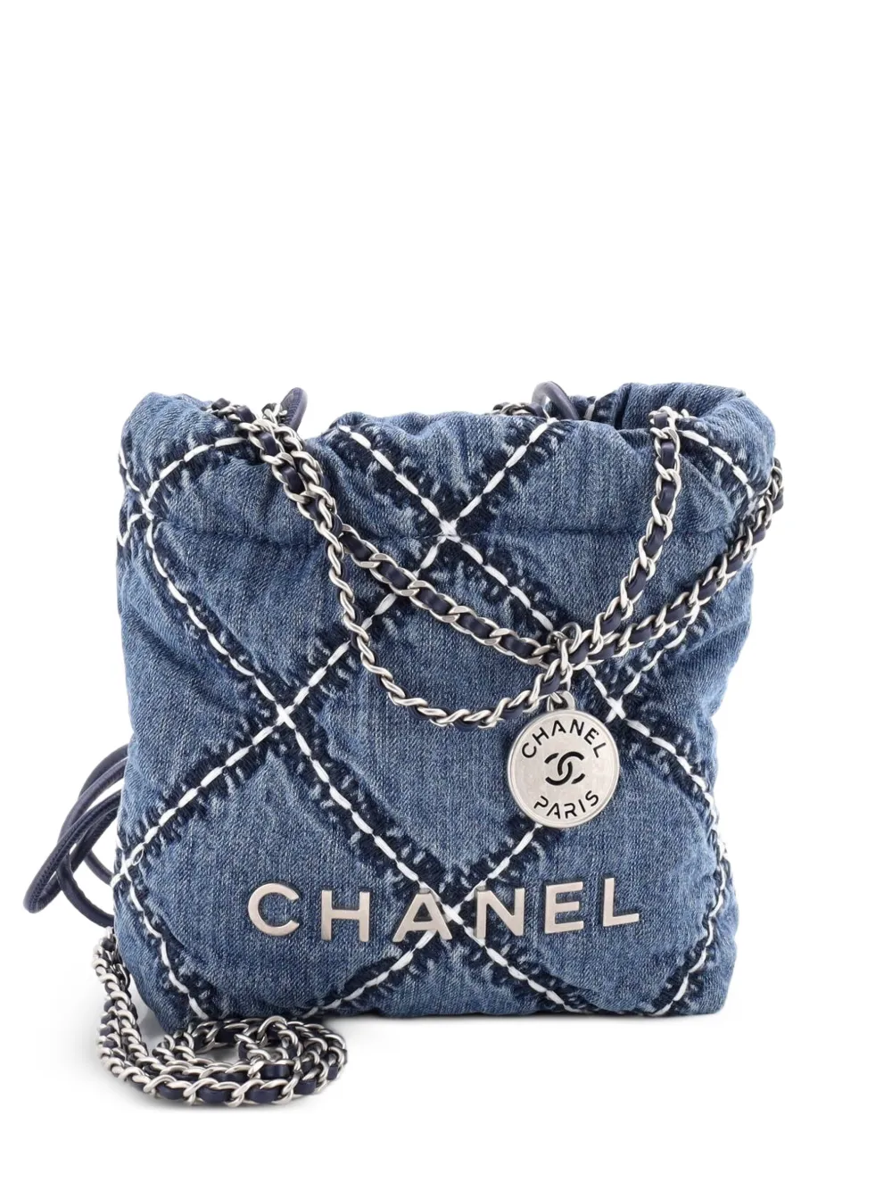 CHANEL Pre-Owned 22 Chain Quilted Stitched Denim Mini hobo bag - Blu