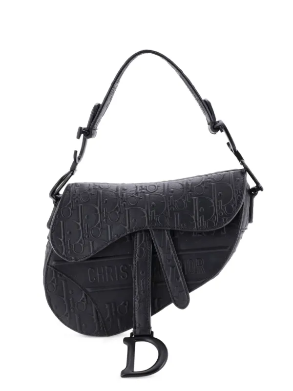 Dior Pre-owned Saddle Handbag Oblique Embossed Calfskin Mini Shoulder Bag in Black