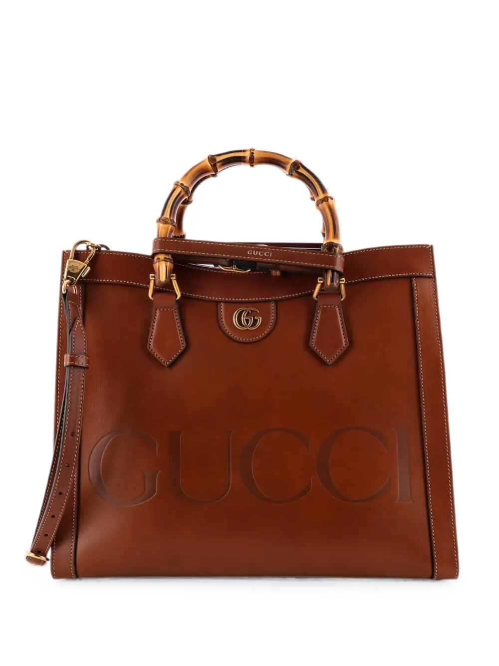 Gucci Pre-Owned Diana NM Logo Bamboo Handle Tote Embossed Leather Medium shoulder bag - Braun