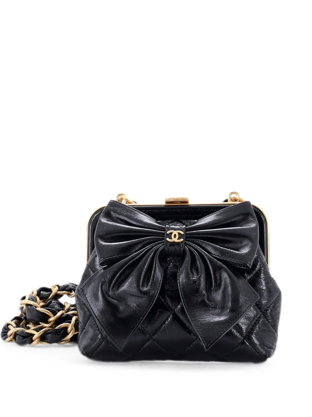 CHANEL Pre-Owned Bow Frame Clutch With Chain Quilted Patent with Lambskin Mini crossbody bag - Schwarz