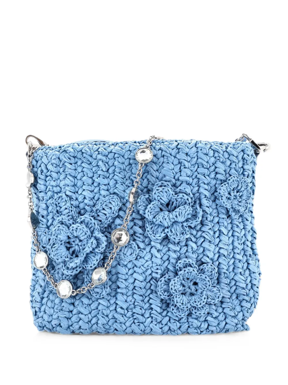 Miu Miu Pre-Owned Flower Crystal Chain Woven Raffia shoulder bag - Blu