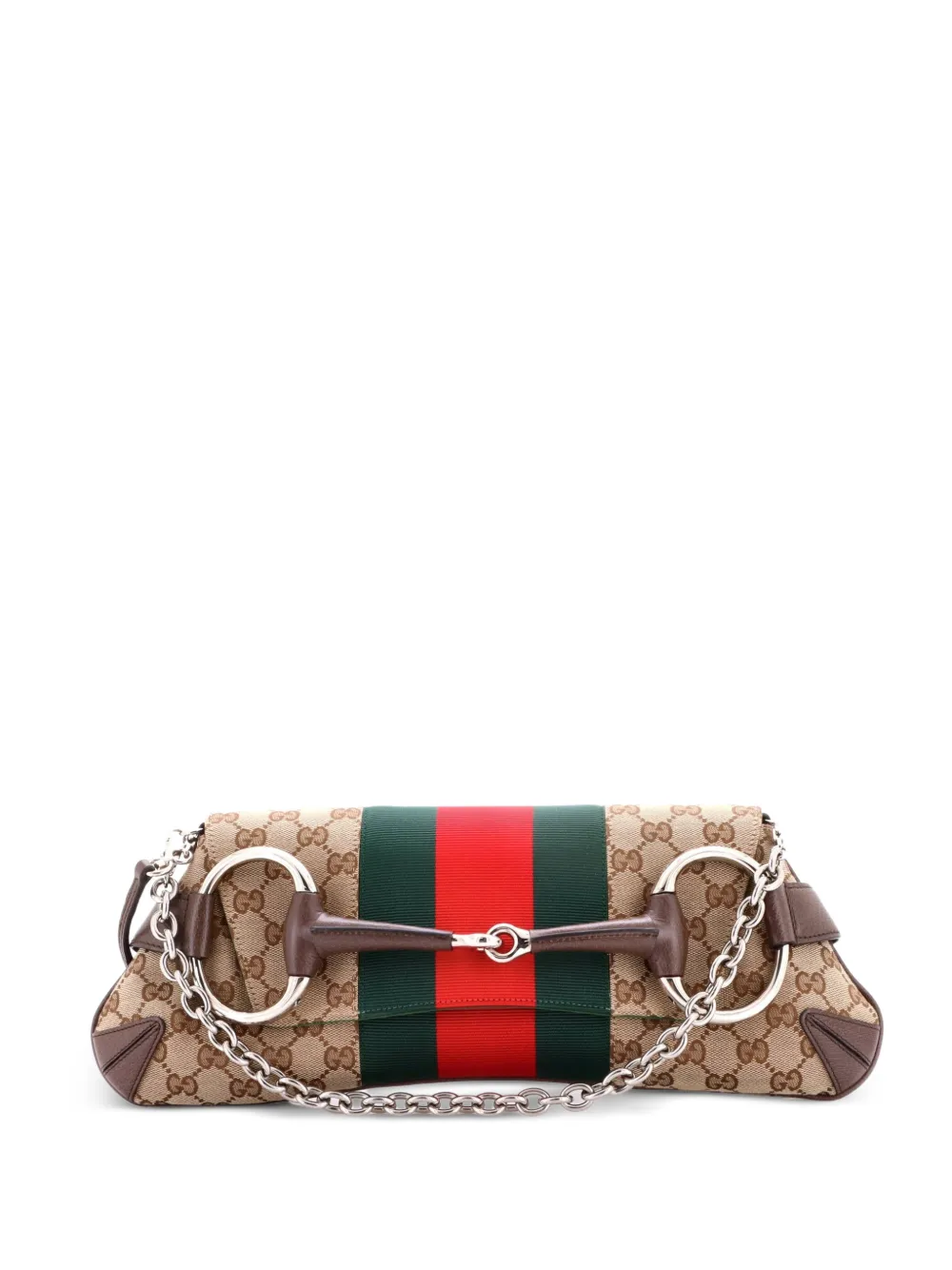 Gucci Pre-Owned Horsebit Web Chain GG Canvas Large clutch bag - Marrone