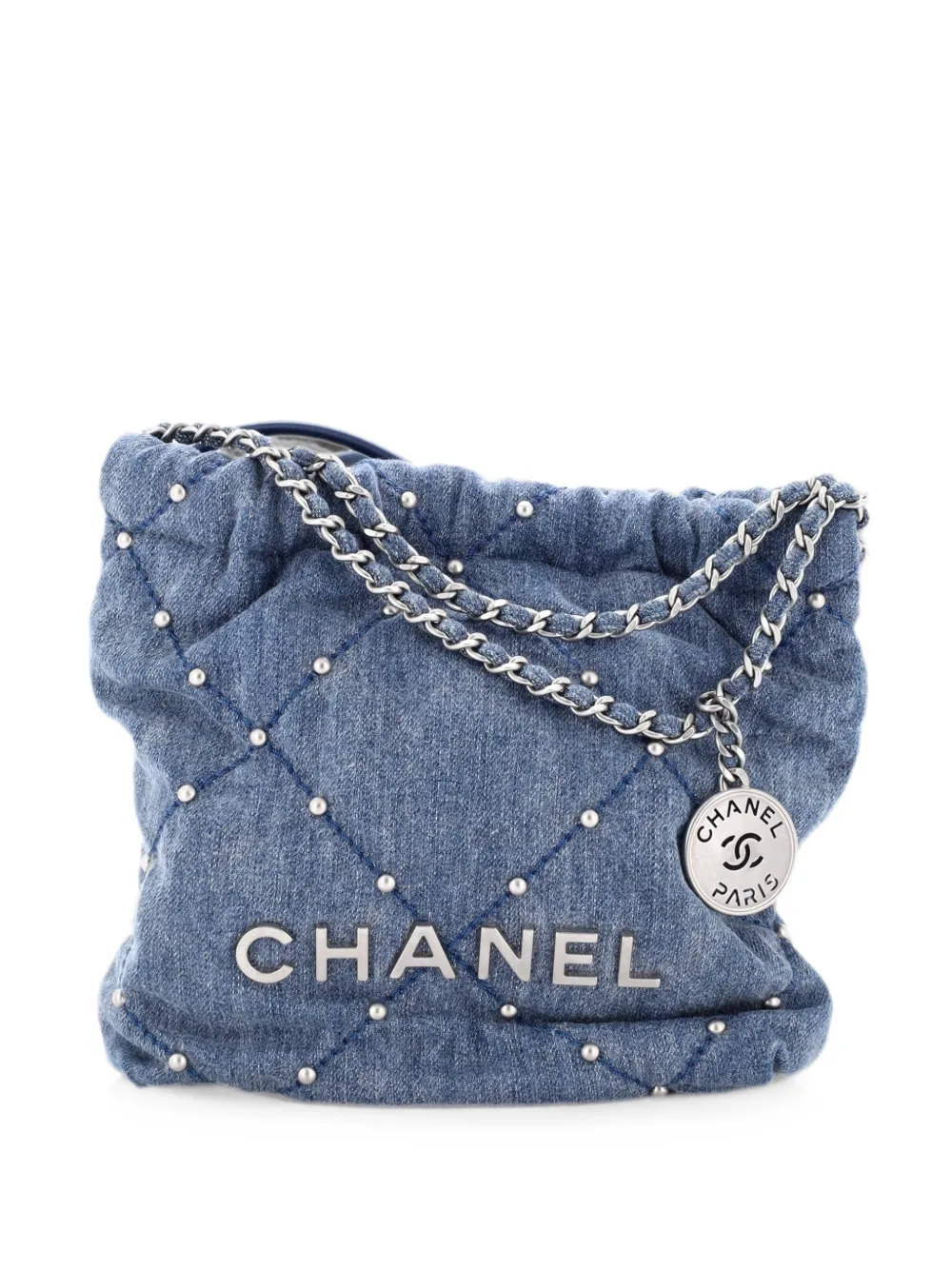 CHANEL Pre-Owned 22 Chain Quilted Studded Denim Mini hobo bag - Blu