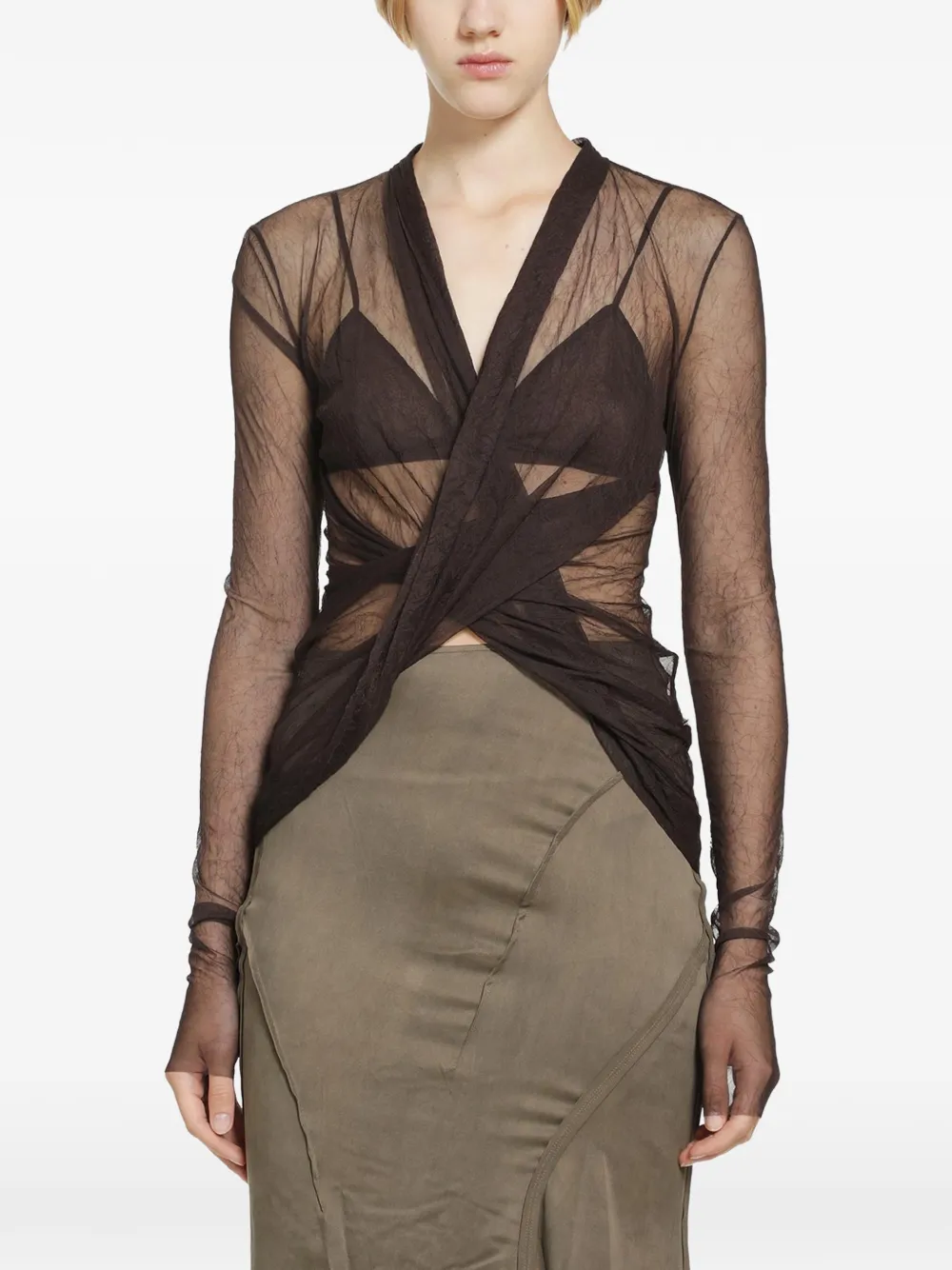 YEHUAFAN knotted organza top - Marrone