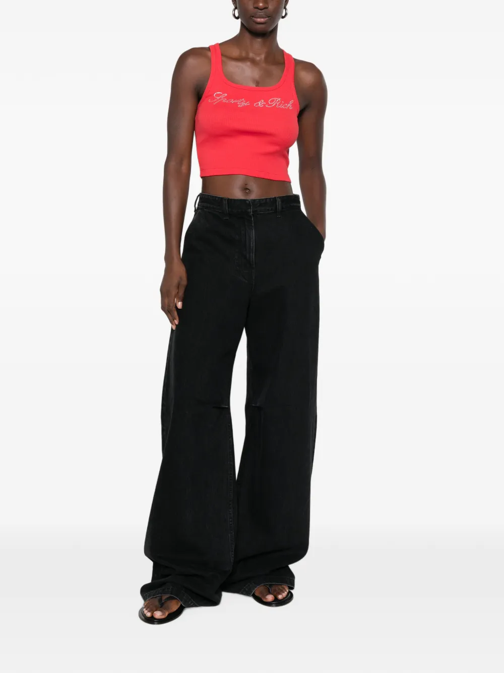 Sporty & Rich Priscila rhinestone-logo ribbed tank top Rood