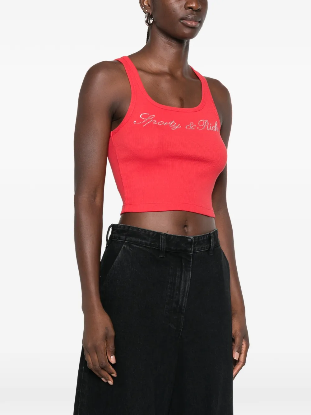 Sporty & Rich Priscila rhinestone-logo ribbed tank top Rood