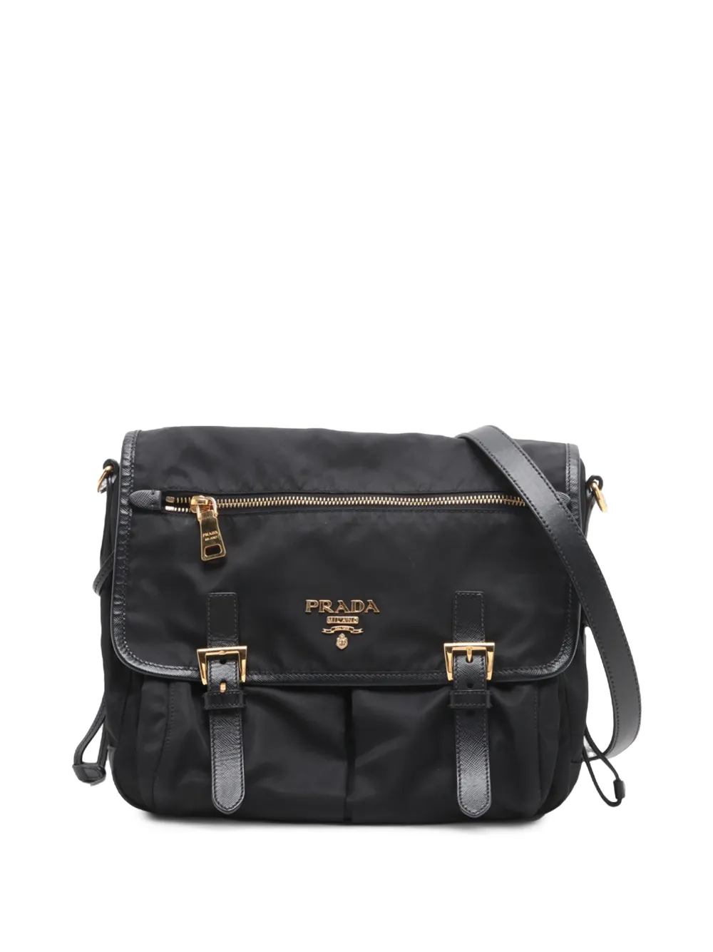 Prada Pre-Owned 2013-2026 Saffiano Trimmed Tessuto Zip Double Buckle Messenger Bag crossbody bag - Schwarz