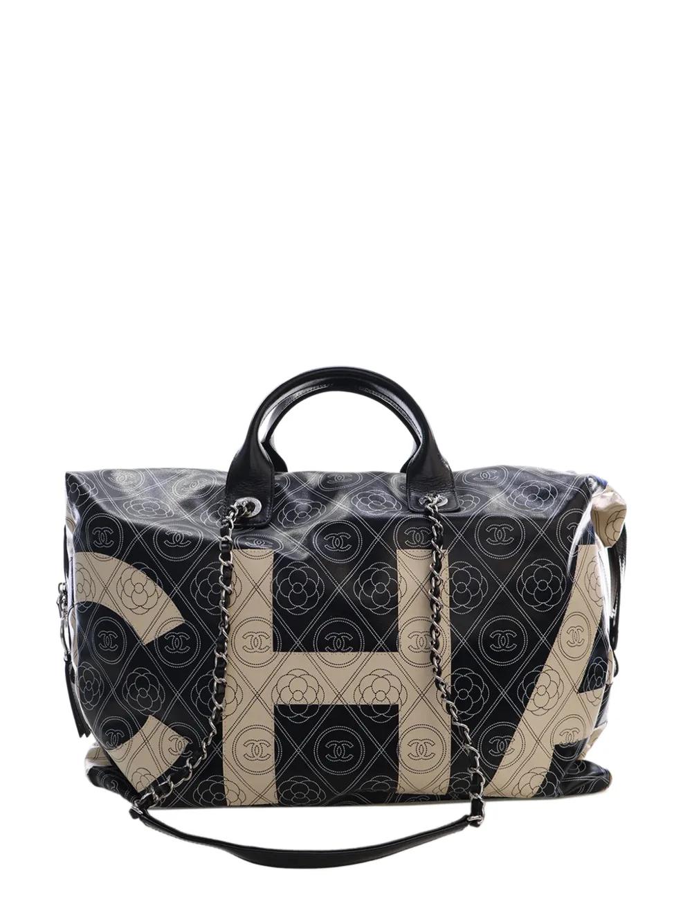 CHANEL Pre-Owned 2018 Large Coated Canvas Camellia Maxi Logo Bowling Bag satchel - Schwarz