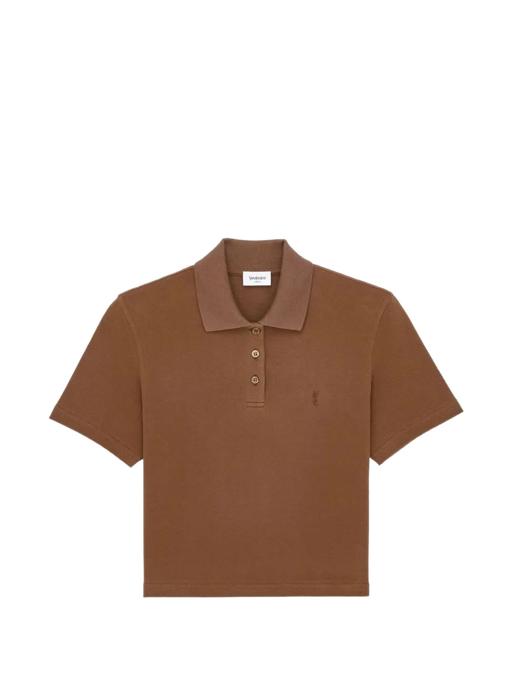 Saint Laurent Cassandre Cropped Polo In Cotton Piqué In Brown