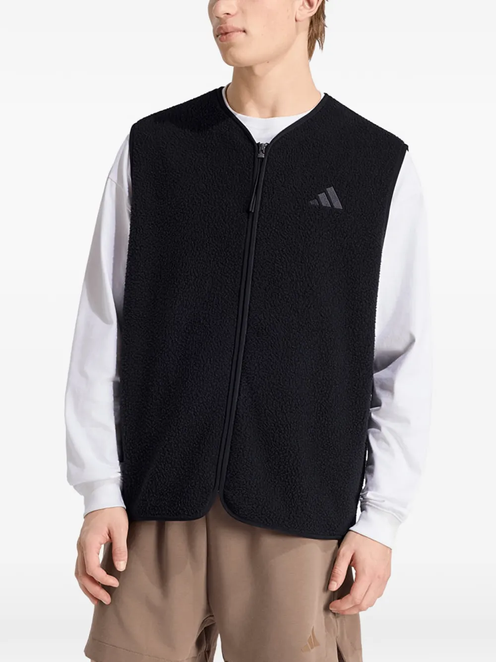 adidas City Tech 3-Stripes high-pile fleece vest Zwart