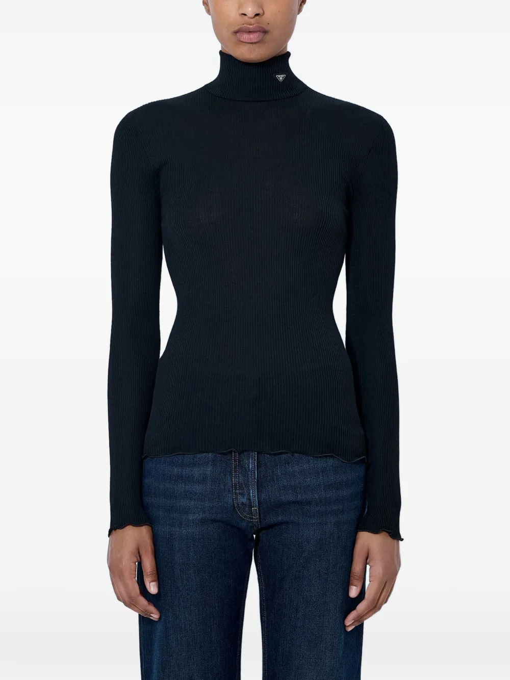 Prada ribbed-knit wavy-hem turtleneck wool T-shirt - Nero