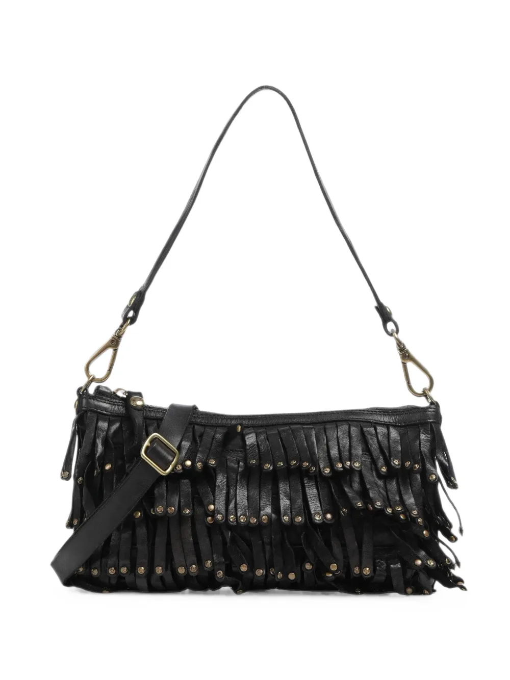 Campomaggi fringe-trimmed studded leather clutch bag - Nero