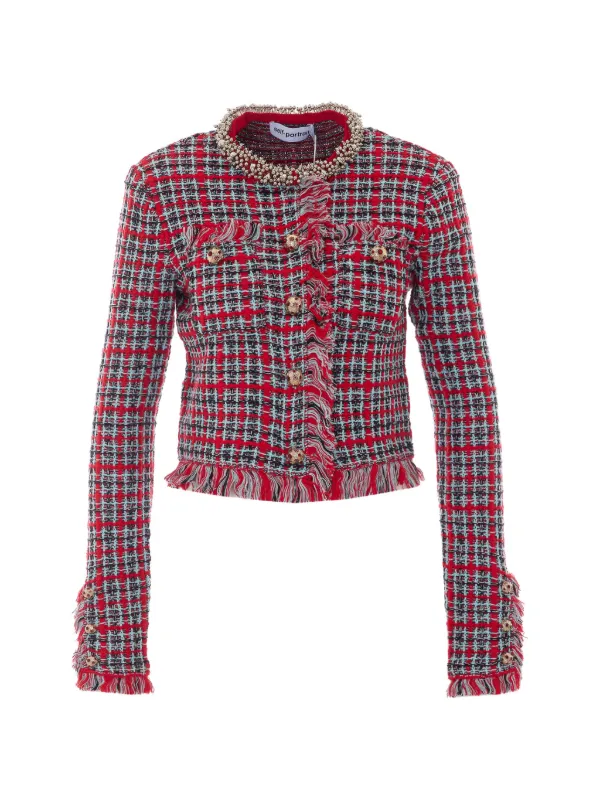 Self-Portrait Check Frayed Knit Jacket in Red