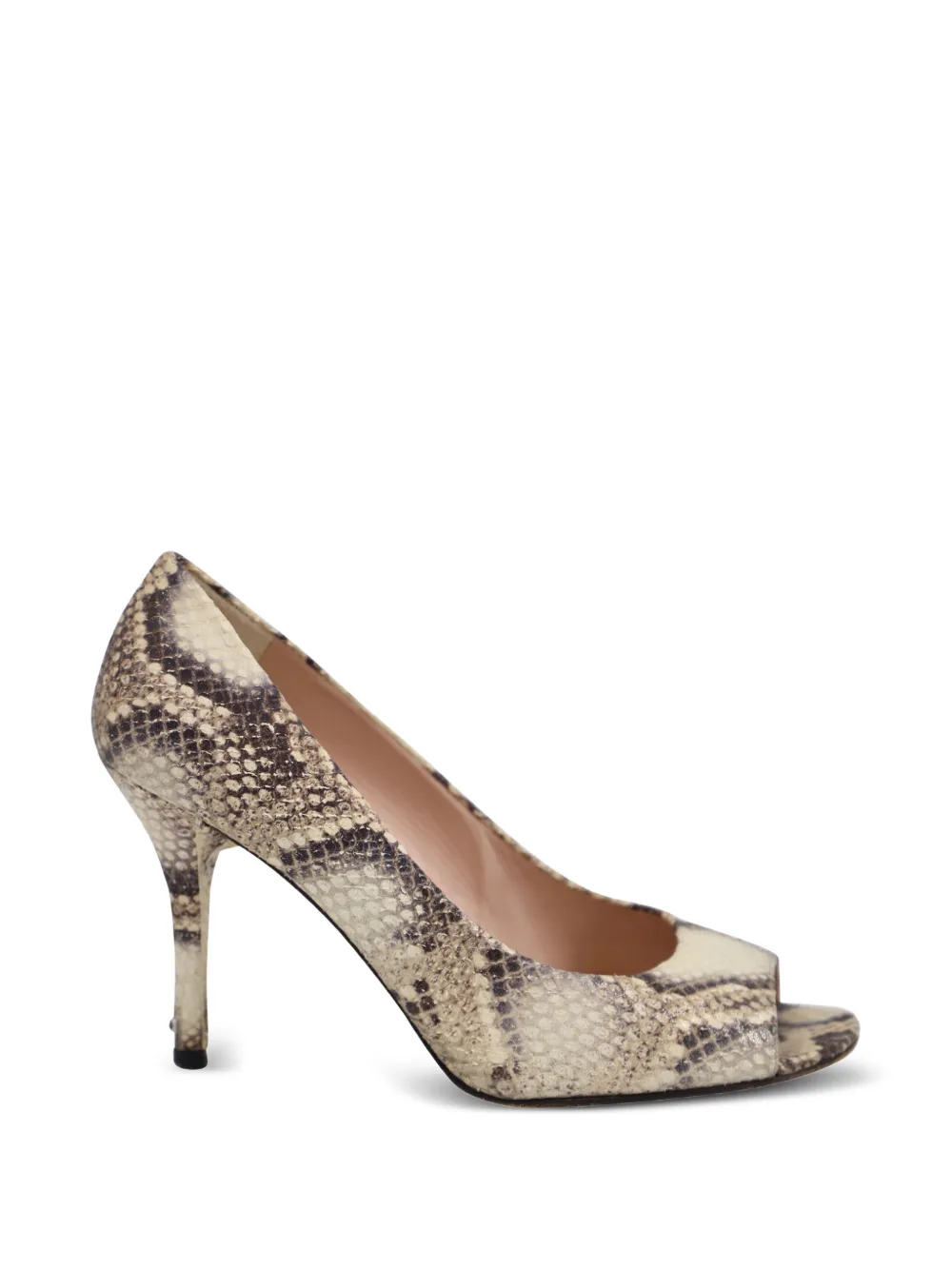 Pre-owned Stuart Weitzman Snake-print Peep-toe Pumps In Neutrals
