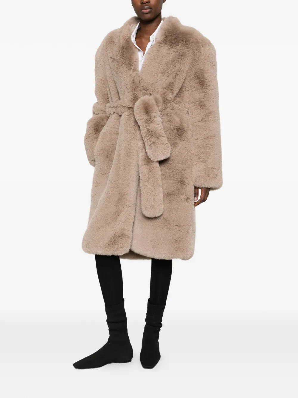 The Frankie Shop Destiny belted faux-fur coat Beige