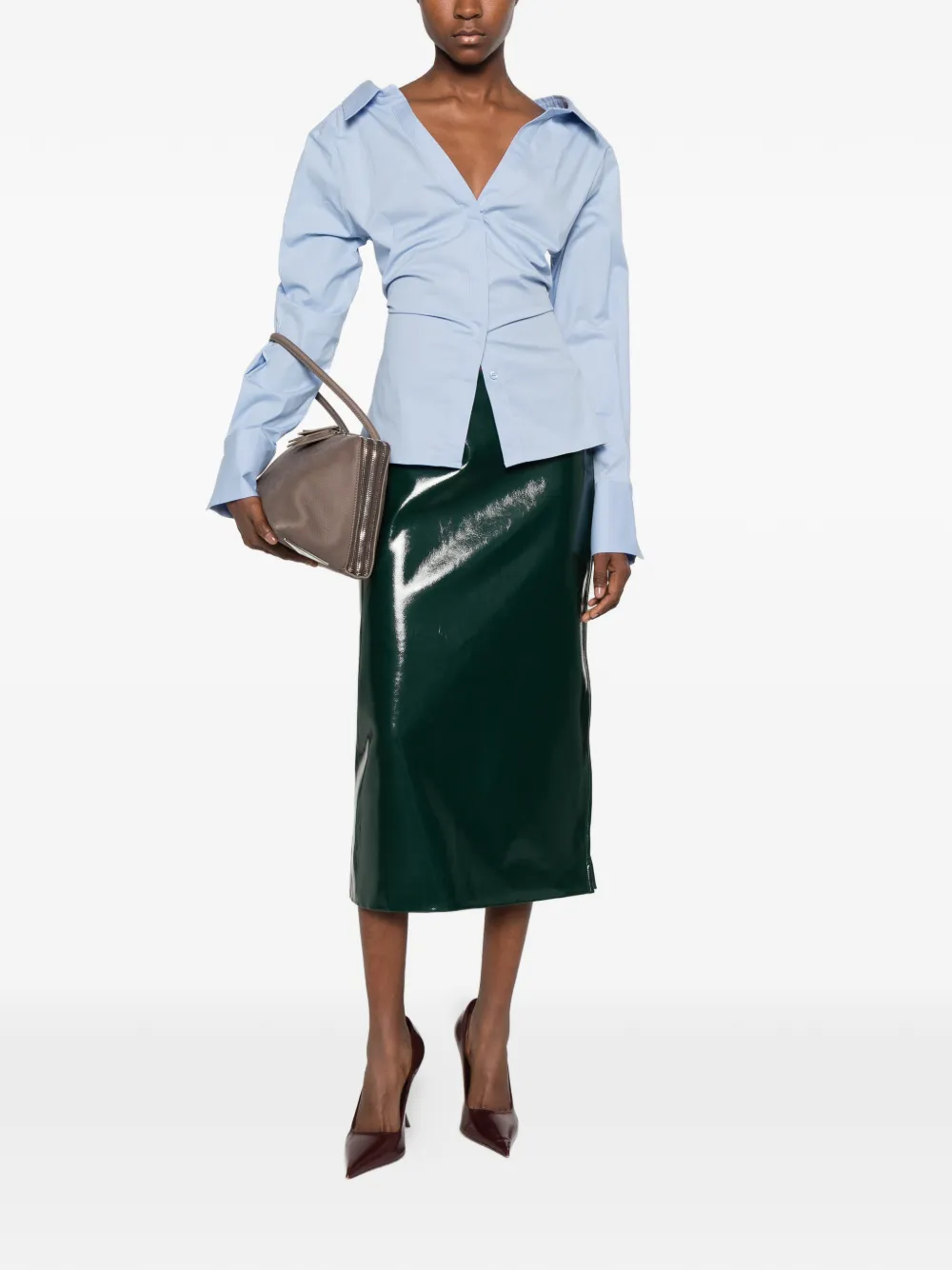 The Frankie Shop Samantha high-shine side-zip midi skirt Groen